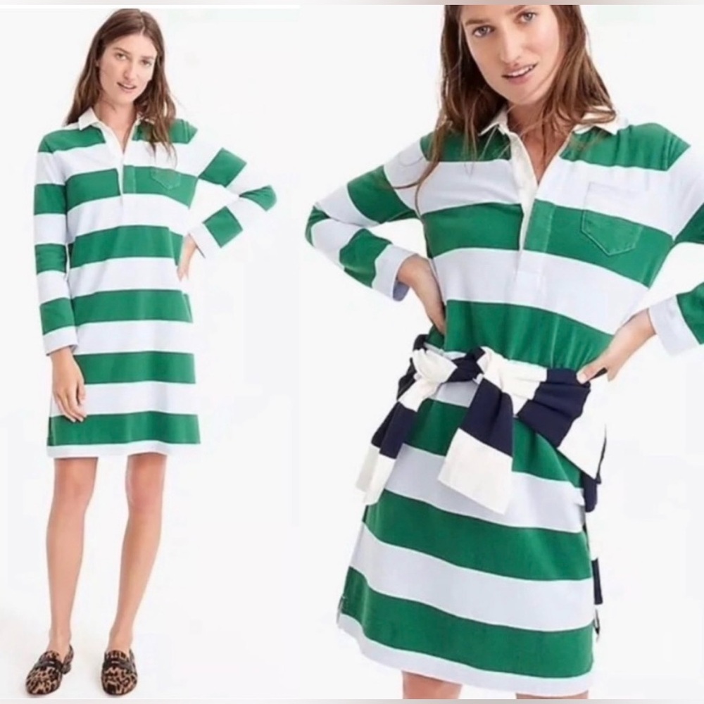 NWT J. Crew Always Green & Light Blue Rugby Striped Polo Midi Shirtdress Small
